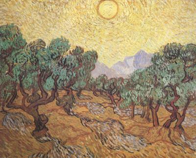 Olive Trees with Yellow Sky and Sun (nn04), Vincent Van Gogh